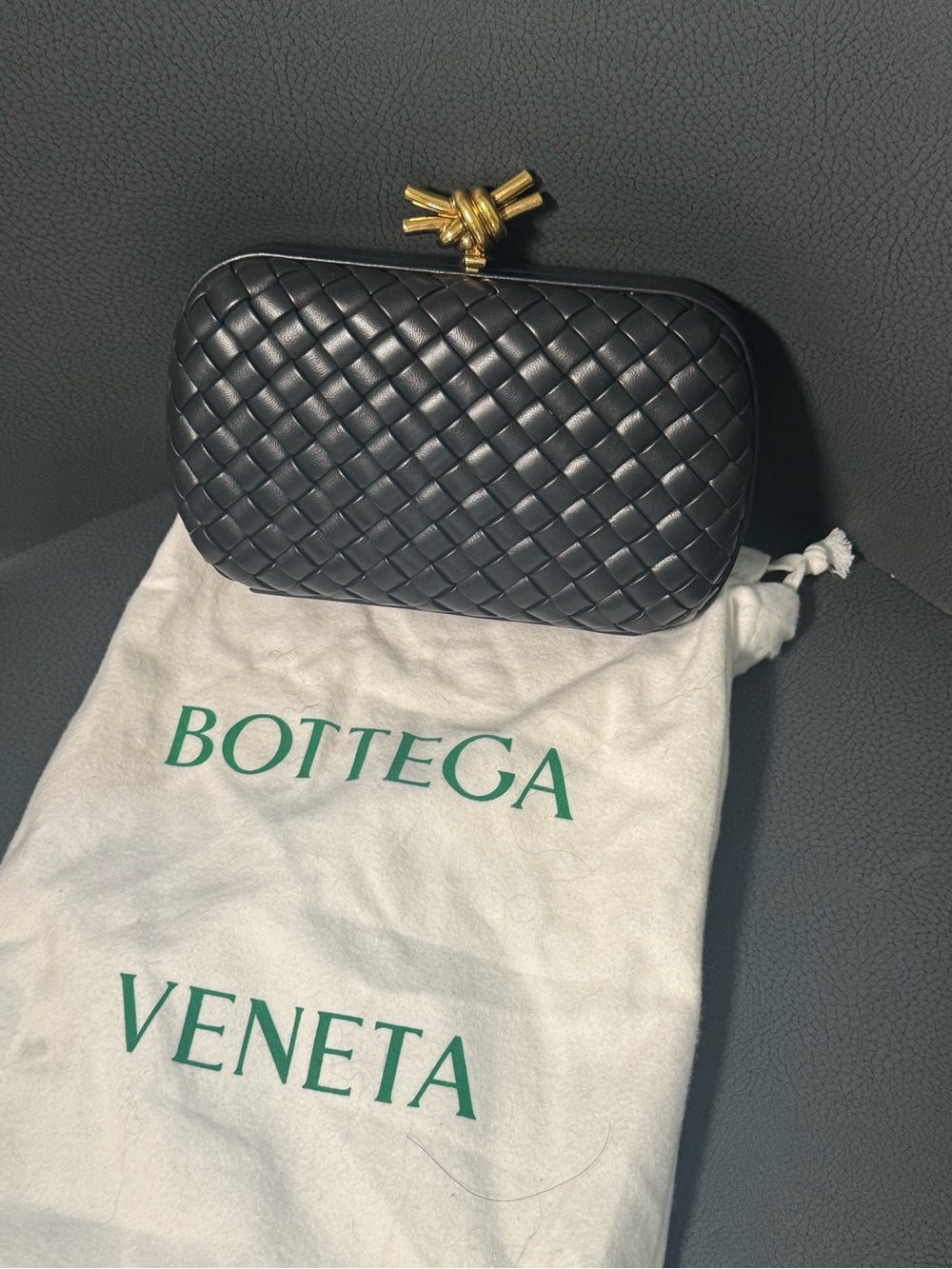 Bottega Veneta Black Intrecciato Knot Minaudière with Gold Hardware